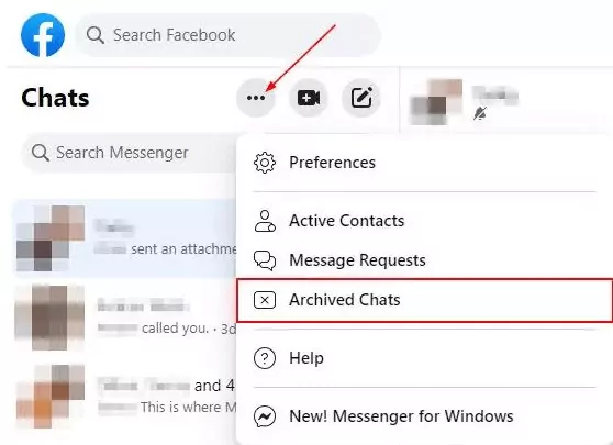  Image du site Facebook, montrant commet désarchiver une conversation archivée sur un ordinateur