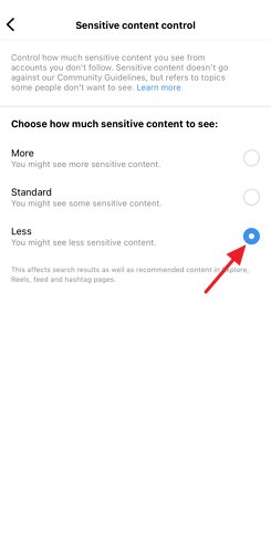 sélectionnez le contrôle du contenu sensible à moins