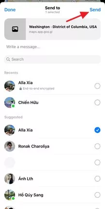choose someone and tap on send