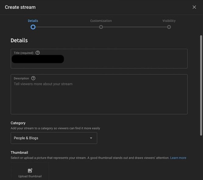 enter details of the scheduled stream on YouTube