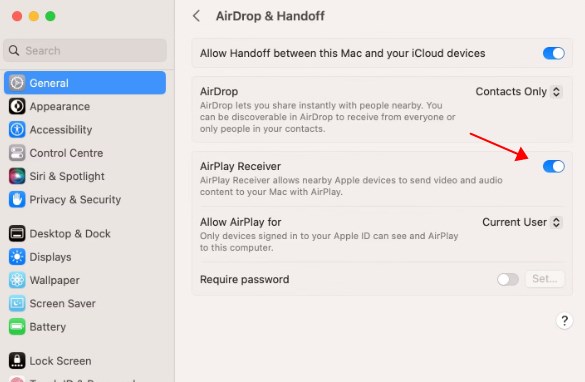 turn on AirPlay on macOS 13 and later