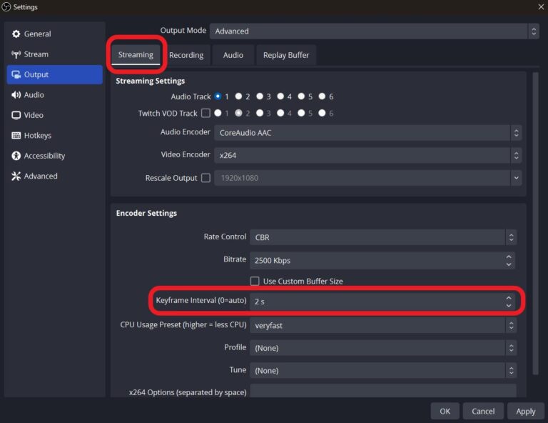 change Keyframe interval on OBS