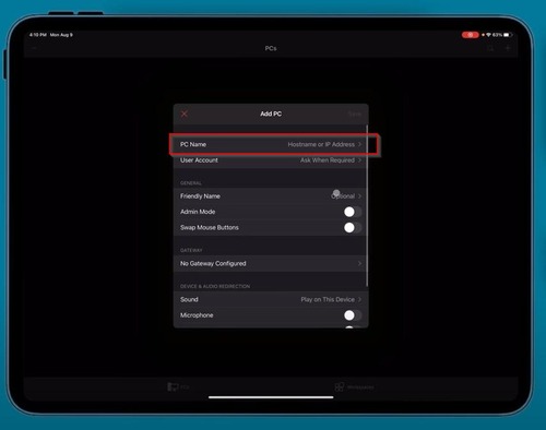enter PC name on iPad