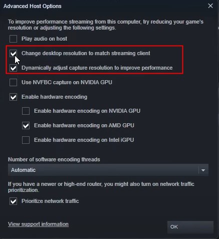 streaming settings in Steam