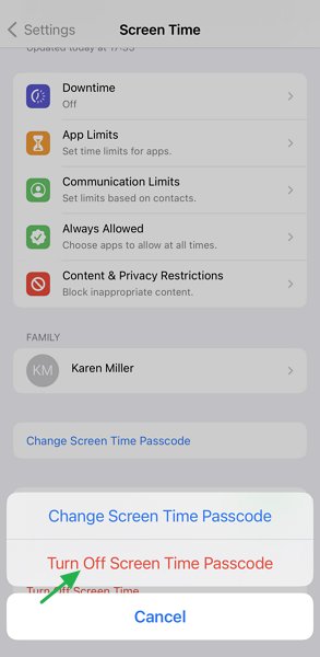 tap turn off screen time passcode