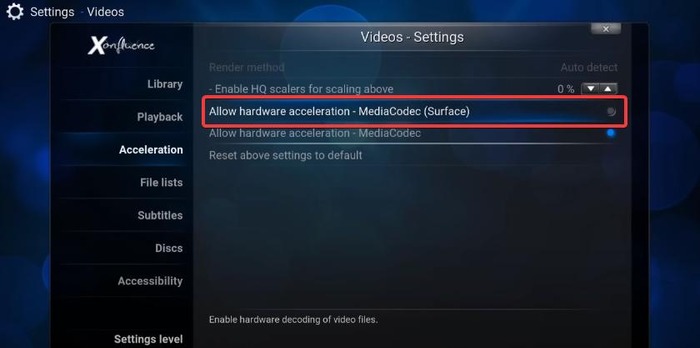 turn on Acceleration on Kodi