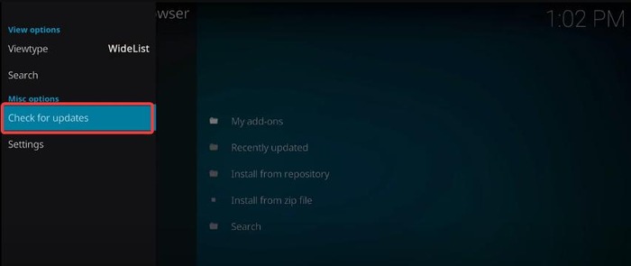 Check for updates in Kodi