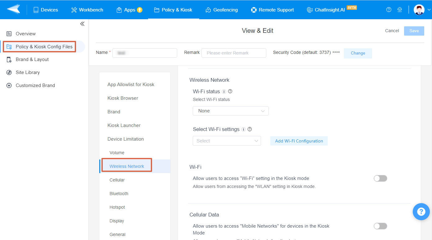 Access the Wireless Network Settings for Kiosk Mode