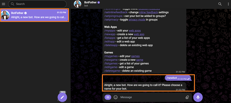 Enter the New Bot command