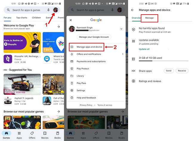 opción de Administrar de la play store