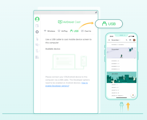 via USB connection en AirDroid Cast